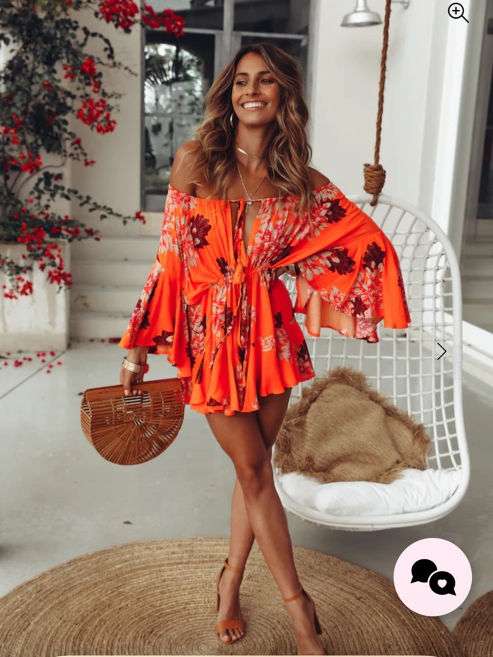 Hello Molly Orange Floral Off-Shoulder Romper